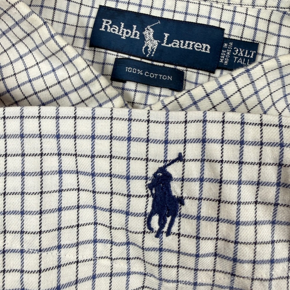 Ralph Lauren Button Down Men 3XLT White Blue Grid Check Long Sleeve Cotton Shirt